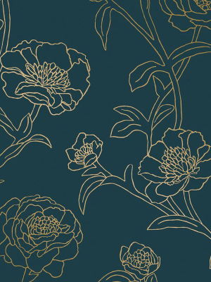 Peonies Self-adhesive Wallpaper In Peacock Blue And Metallic Gold Design By Tempaper