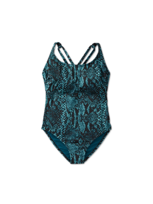 Women's Plus Size Cross Back One Piece Swimsuit - All In Motion™ Teal Snake Print