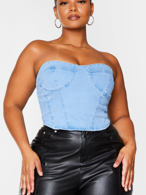 Plus Light Blue Wash Denim Cup Detail Crop Top