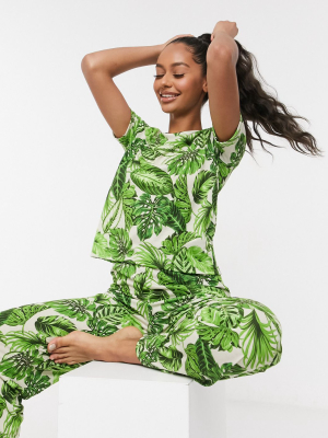 Asos Design Mix & Match Palm Print Pyjama Tee In Green