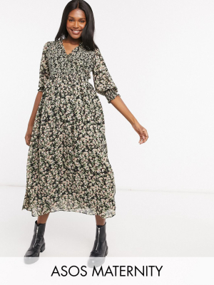 Asos Design Maternity Midi Smock Dress With Shirred Cuffs In Floral Print