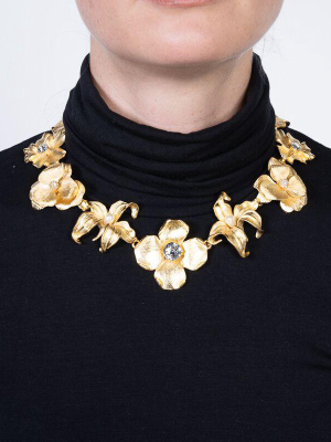 Satin Gold Flower Necklace With Crystal And White Pearl Centers