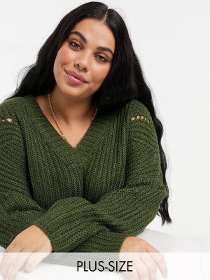 Only Curve V-neck Sweater In Khaki