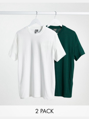 Asos Design T-shirt With Crew Neck In White And Khaki 2 Pack