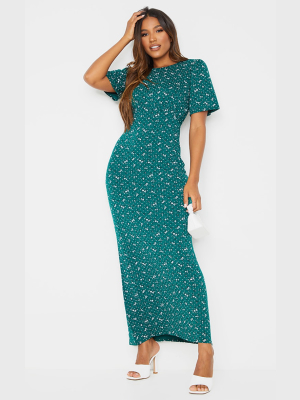 Green Ditsy Print Ruched Bust Short Sleeve Maxi...