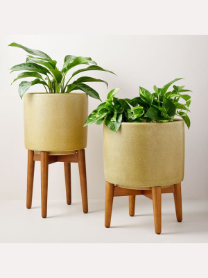 Mid-century Turned Leg Standing Planters - Crackle