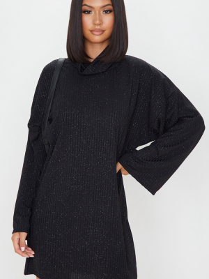 Black Glitter Rib Roll Neck Flare Sleeve...