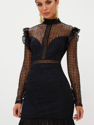 Black Lace Chiffon Frill Detail Bodycon Dress