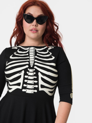 Unique Vintage Plus Size Black Skeleton Bones Graves Swing Dress