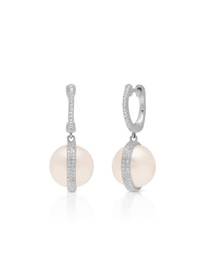 14kt White Gold Diamond Pearl Hannah Huggie Earrings