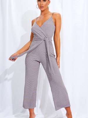 Grey Stripe Rib Strappy Wrap Culotte Jumpsuit