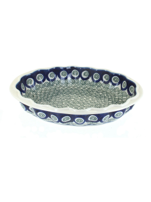 Blue Rose Polish Pottery Peacock Swirl Scallop Baking Dish