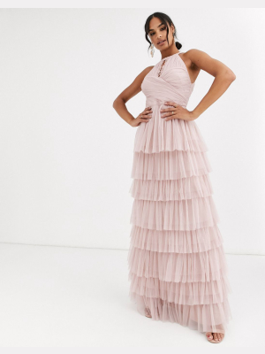 Anaya With Love Halter Neck Tiered Maxi Dress With Keyhole Detail In Frosted Pink