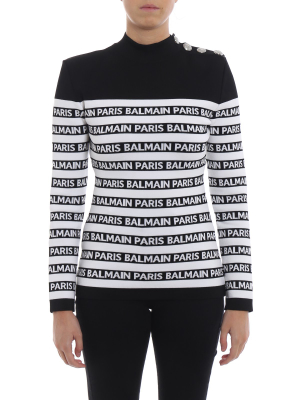 Balmain Logo Print Striped Turtleneck Jumper