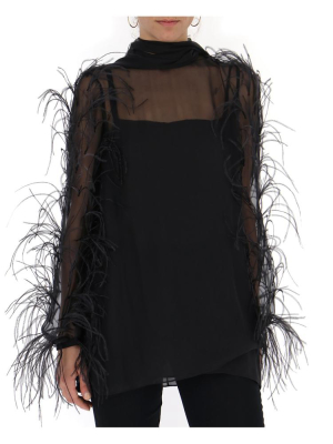 Valentino Sheer Feather Trim Blouse