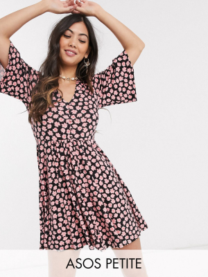 Asos Design Petite Exclusive Floral Mini Button Front Swing Dress In Black And Pink