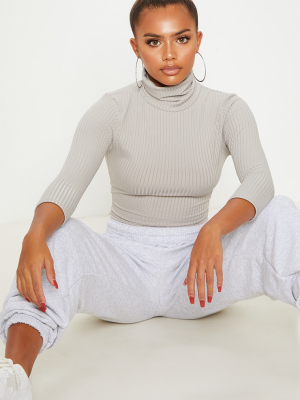 Grey Marl Long Sleeve Rib Roll Neck Crop Top