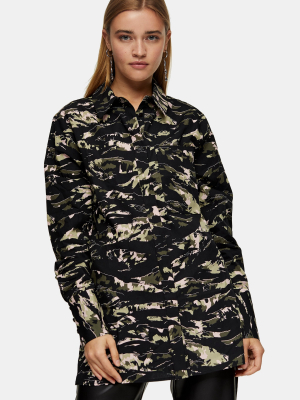 Green Camouflage Print Oversized Blouse