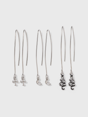 Cross, Moon And Snake Silver Threader Earring Set 3pc - Wild Fable™ Silver