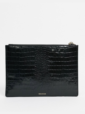 Whistles Rivington Croc Embossed Clutch Bag In Black