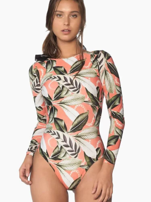 Palm Leaf Long Sleeve Rash Guard One Piece Swimsuit