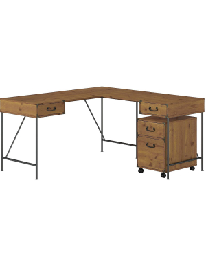 Bush Furniture Ironworks 60 L-shaped Desk Bundle Vintage Golden Pine Iw027vg