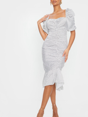 White Polka Dot Ruched Front Frill Hem Dress