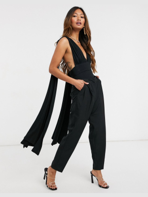 Yaura Plunge Cross Back Bodysuit With Double Drape In Black