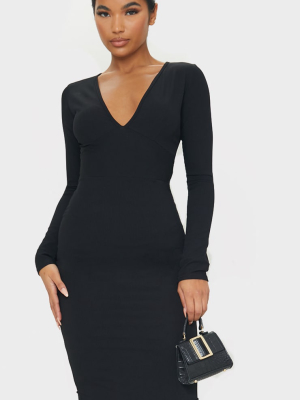 Black Ribbed Waist Panel Long Sleeve Midi Dress