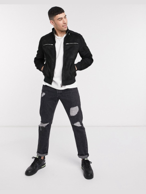 River Island Suedette Perforated Racer Jacket In Black