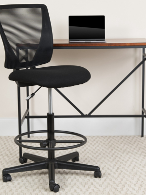 Flash Furniture Ergonomic Mid-back Mesh Drafting Chair With Black Fabric Seat And Adjustable Foot Ring