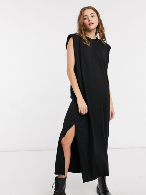 Asos Design Padded Shoulder Maxi Sleeveless Dress In Black