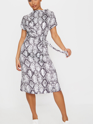 Grey Slinky Snake Print Wrap Detail Shift Midi...