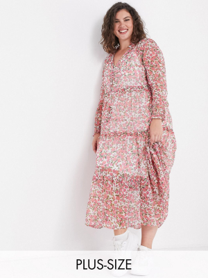 Neon Rose Plus Oversized Maxi Smock Dress With Tiered Skirt In Ditsy Floral