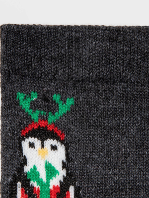 Women's Fuzzy Penguin Holiday Crew Socks - Wondershop™ Charcoal 4-10