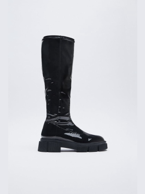 Stretchy High Shaft Patent Finish Boots