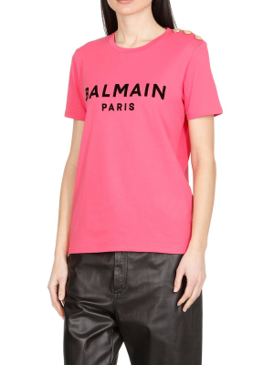 Balmain Flocked Logo Button Detail T-shirt