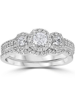 Pompeii3 1.00ct 3-stone Diamond Engagement Wedding Ring Set 10k White Gold