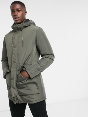 Selected Homme Padded Parka In Khaki With Teddy Hood