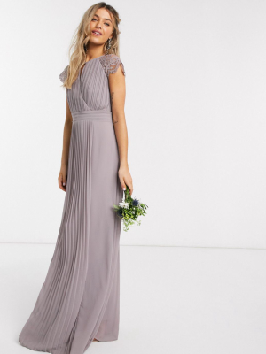 Tfnc Bridesmaid Lace Sleeve Maxi Dress In Gray