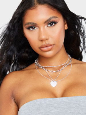 Silver Multi Layer Heart Chain Necklace