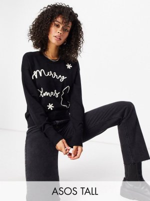 Asos Design Tall Christmas Sweater With Embroidered Slogan In Black