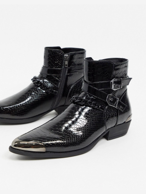 Asos Design Cuban Heel Western Chelsea Boots In Black Croc Faux Leather With Strap And Chain Detail