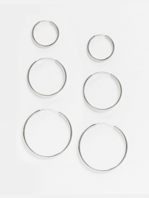 Asos Design Pack Of 3 Fine Hoop Earrings In Silver Tone