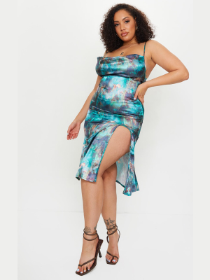 Plus Green Flame Print Satin Midi Dress