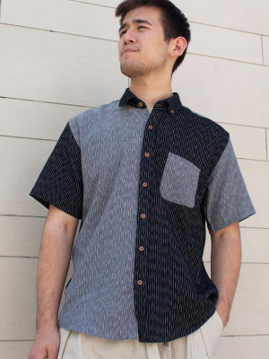 Button-up Short Sleeve Shirt, Nashiji & Shijira Black Color Block Shima