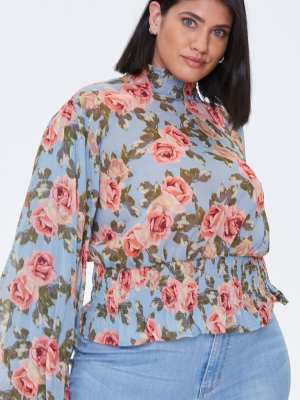 Plus Size Smocked Rose Print Top