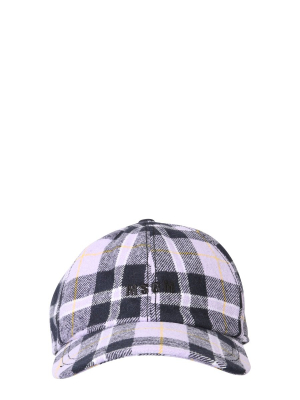 Msgm Logo Embroidered Tartan Print Baseball Cap