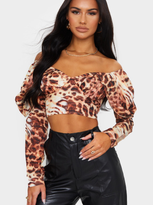 Tan Woven Tiger Print Puff Bardot Long Sleeve...