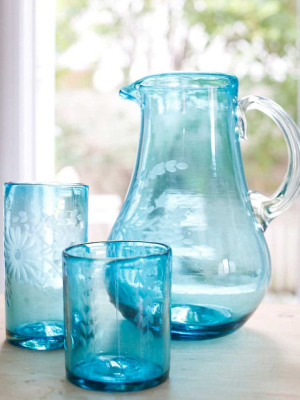 Etched Short Glass - Aqua Leaves